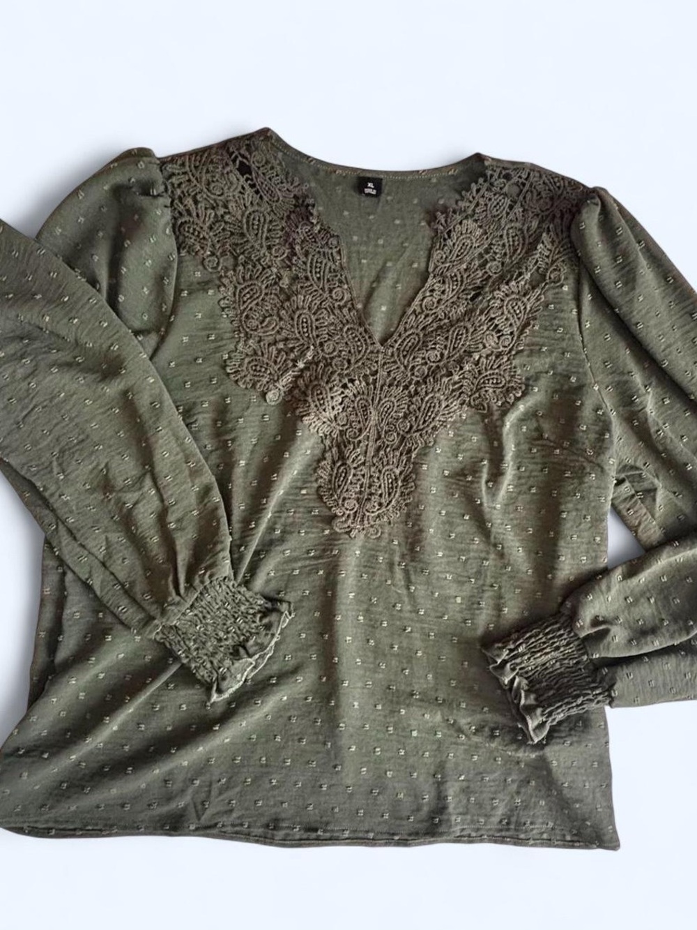 Olive Green Lace Trim Long Sleeve Blouse Festival Shirt Top - Picture 4 of 4